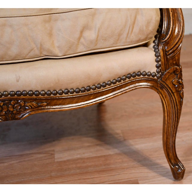 1900 Antique French Louis XV Hand Carved Walnut Living Room Chair / Used Fabric For Sale - Image 9 of 18