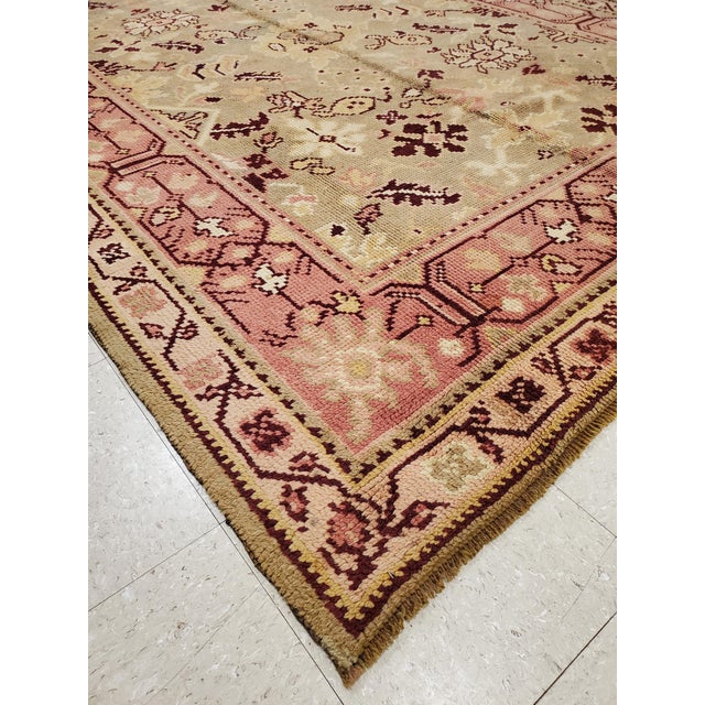 Cream Antique Oushak Carpet, Handmade Oriental Rug, Pale Green, Coral, Taupe and Cream For Sale - Image 8 of 16