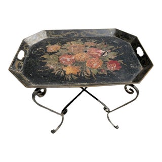 Vintage Hand-Painted Metal Toleware Table With Wrought Iron Base For Sale