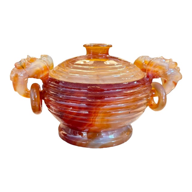 19th Century Carved Asian Carnelian (Agate) Vessel With Dragon Handles and Rings For Sale