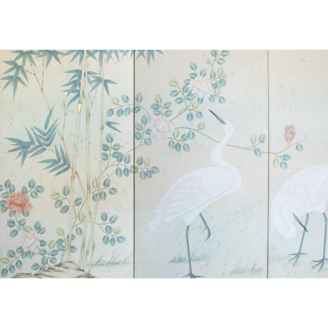 Beautiful 4-Panel Chinoiserie or Japanese Style painted folding silk screen depicts Egrets, Bamboo and Peony Flowers, with...