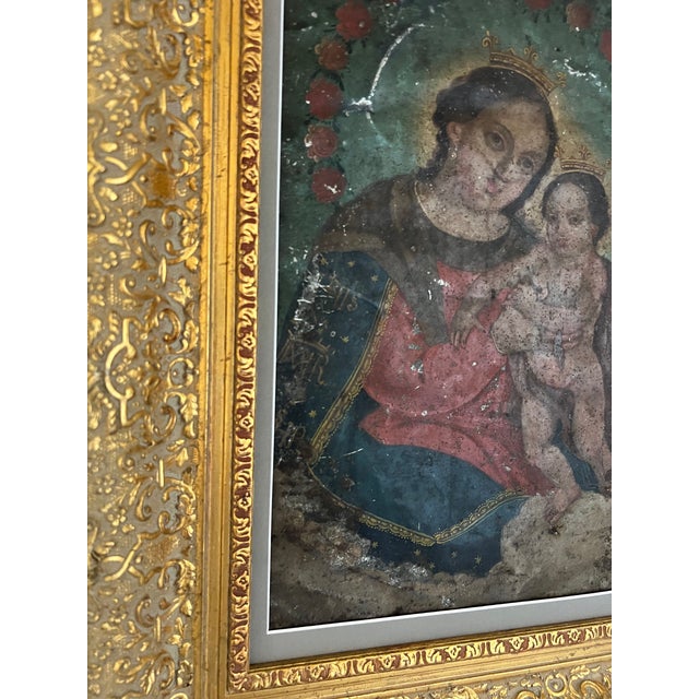 19th Century Virgin Mary and Christ Child Retablo, Oil on Tin For Sale - Image 4 of 13
