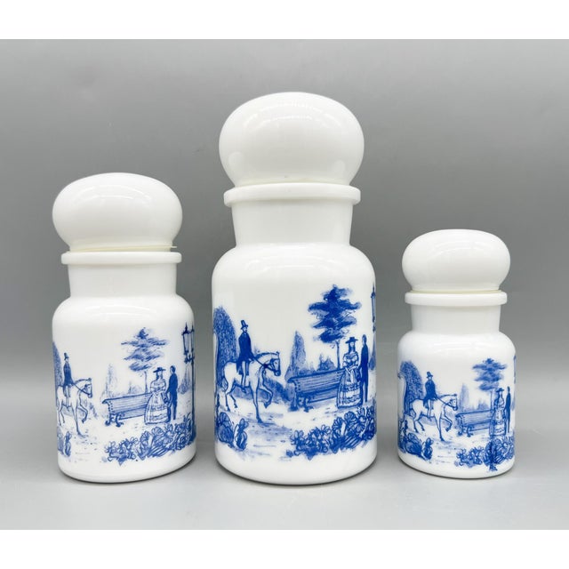 Burleigh 1970's Set of 3 Belgian White Milk Glass Apothecary Jars With Blue Transferware Equestrian Scenes – Victorian / English Country For Sale - Image 4 of 12