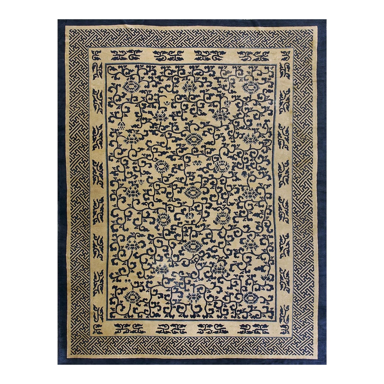 1870s Tan Camel Foliate Greek Key Antique Chinese Peking Wool Rug 8' 10 ...