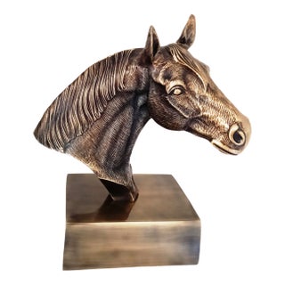1970s Antique Brass Finish Metal Hand Carved Horse Head Bust Sculpture For Sale