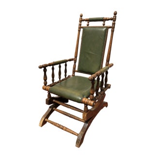 Vintage Dark Green Leather Rocking Chair with High Back from Onbekend, 1950s For Sale