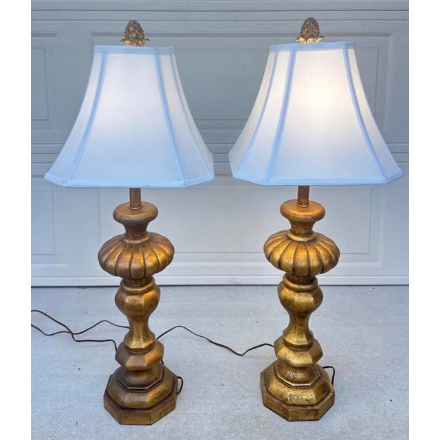 Pair of Monumental 1920s Italian Carved Giltwood Pineapple Table Lamps - 36" Tall Hollywood Regency For Sale In San Diego - Image 6 of 18
