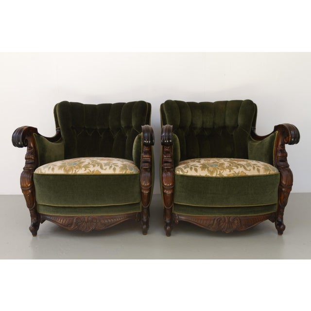 Danish Carved Lounge Chairs in Green Velvet, 1920s, Set of 2 For Sale - Image 9 of 18
