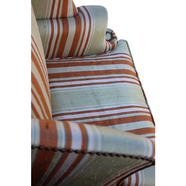 Vintage Baker Furniture Celadon & Rust Striped Wingback Chairs With Nailhead Trim — Pair For Sale - Image 9 of 18