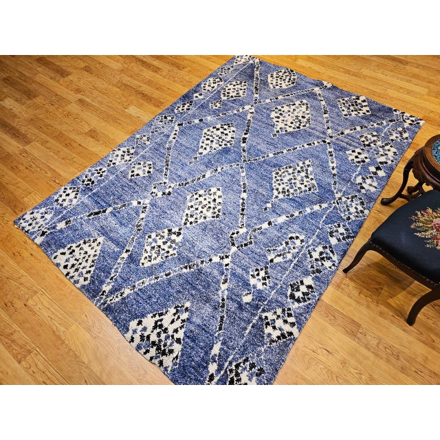 Vintage Moroccan Rug, Hand-Knotted Wool, All-Over Geometric Pattern, Blue & Ivory, 6’ X 9’ For Sale - Image 10 of 12
