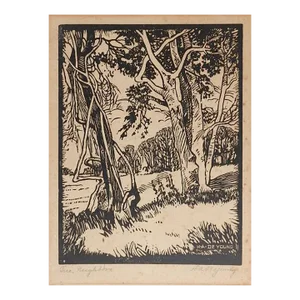 Vintage Harry Anthony DeYoung Tree Neighbors Woodcut Print