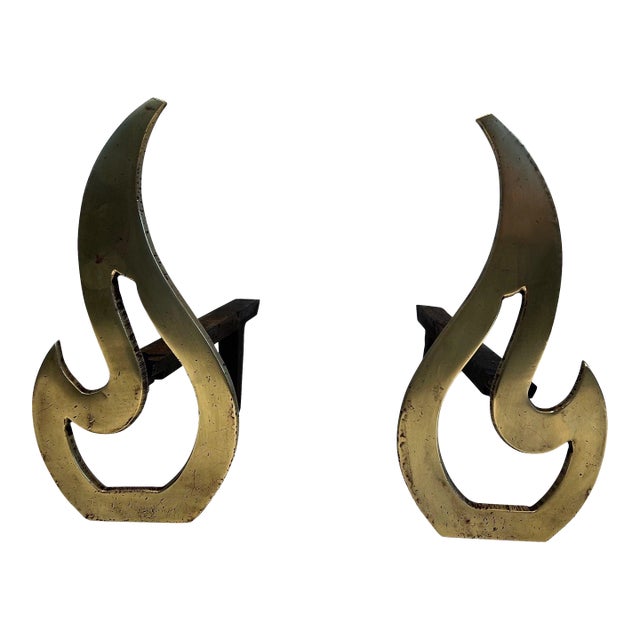 Flame Brass Andirons - A Pair For Sale