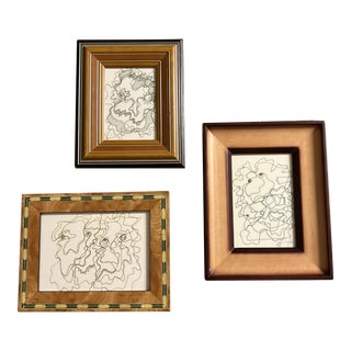 1980’s- 3 Original Small Wayne Cunningham Abstract Green Ink Drawings Tabletop Wood Frames- Set of 3 For Sale
