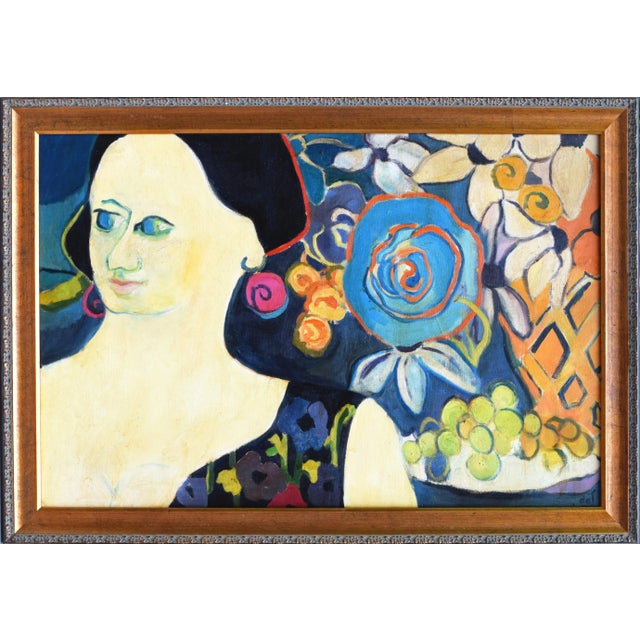 Blue Vintage Mid Century Fauvist Portrait of a Woman Abstracted Floral Still Life For Sale - Image 8 of 8