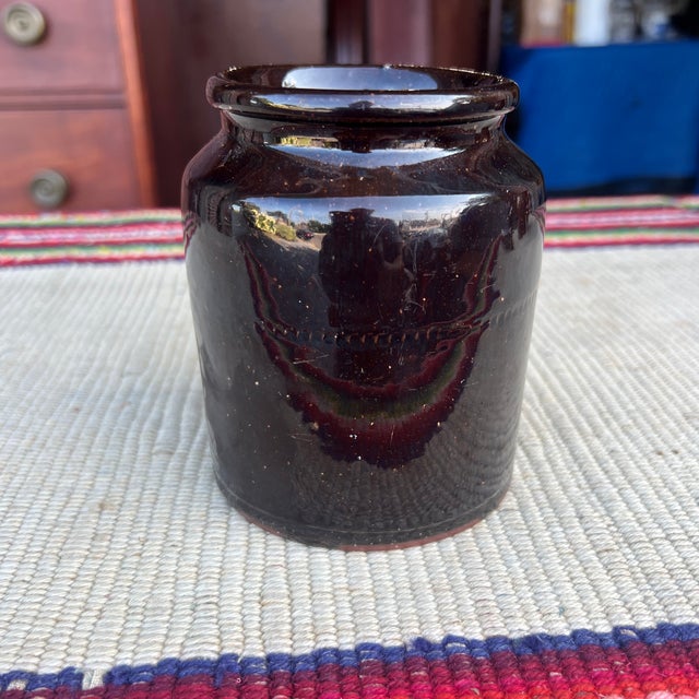 A Fine Antique Pennsylvania Folk Art Redware Preserve Jar With an Albany Glaze, 1870's For Sale - Image 6 of 12