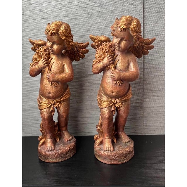 Figurative Pair of Large VTG Cherub Figurines With a Gold /Bronze-Toned Finish 18" T. For Sale - Image 3 of 5