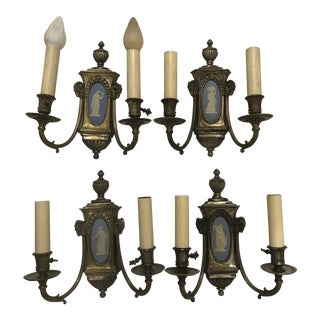 20th Century Empire Wedgwood and Brass Double Arm Electrified Sconces - Set of 4 For Sale