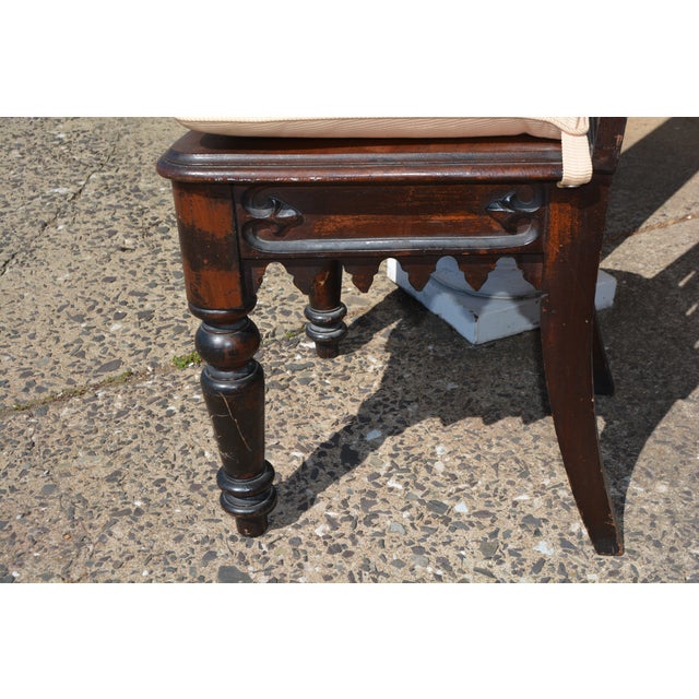 Vintage Pair Gothic Revival Carved Cathedral Arches Dark Wood Hall / Side Chairs W/ Cushions For Sale - Image 17 of 18
