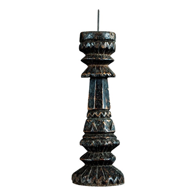 Antique Carved Wooden Candlestick with Gilt and Painted Decoration, 1900 For Sale