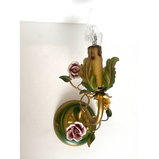 Goldenrod Vintage Italian Metal and Porcelain Rose Wall Lamps from Unbekannt, 1950s, Set of 2 For Sale - Image 8 of 9