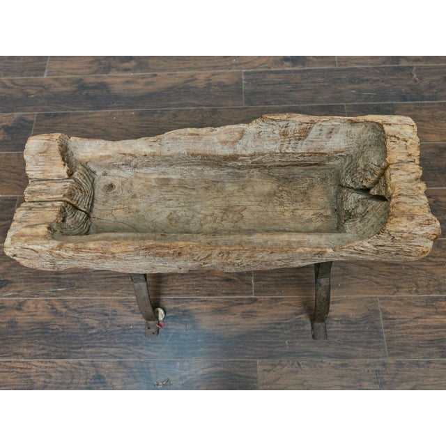 Rustic Mid-Century Wooden Trough Accent Table on Custom Iron Base For Sale - Image 10 of 12