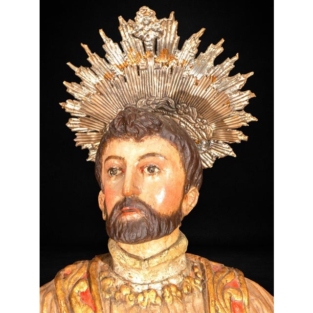 Gold Spanish Artist, Colonial Sculpture of Saint Francis Xavier, 18th Century, Polychrome Wood For Sale - Image 8 of 11