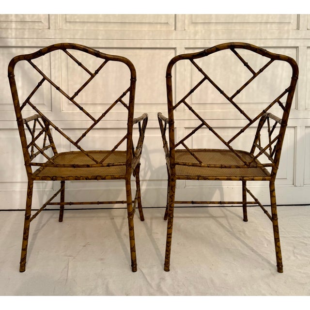 Pair of Mid-20th Century Faux Bamboo Metal Indoor/Outdoor Armchairs With Burnt Bamboo Tortoiseshell Finish For Sale - Image 11 of 16