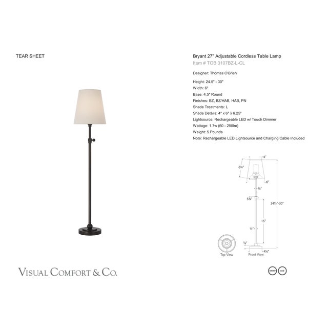 Thomas O'Brien by Visual Comfort Signature Bryant 27" Adjustable Cordless Table Lamp in Bronze with Linen Shade Designer:...
