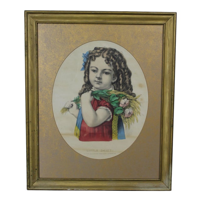 Currier & Ives Little Daisy Lithograph Victorian Girl Flowers Gold 23" For Sale