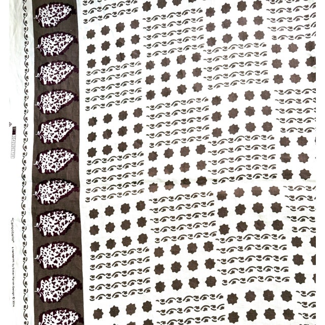 8 yards linen Sister Parish "Campobello". Off white linen ground with chocolate brown and aubergine border. 54" Wide with...
