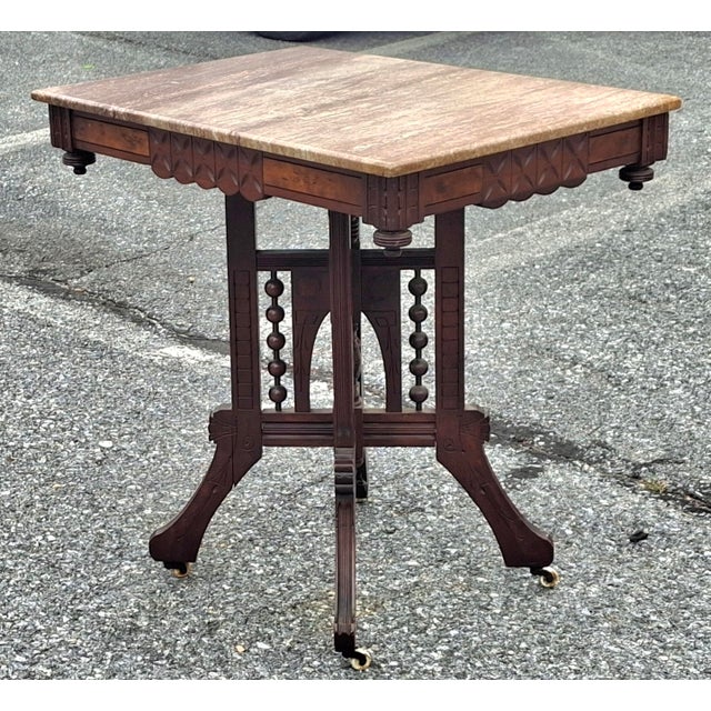 Victorian Eastlake Style Walnut and Marble Top Rolling Center Table For Sale In Washington DC - Image 6 of 7