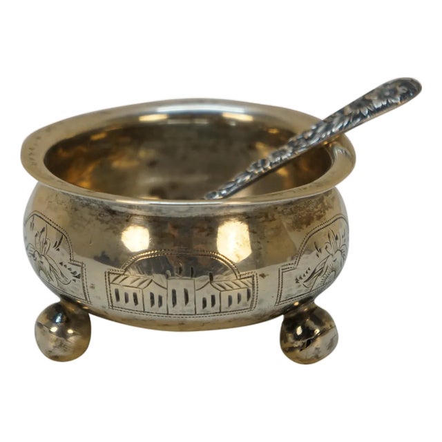 Antique 1874 Russian Silver Salt Cellar & S Kirk & Son Sterling Spoon 2.5" For Sale