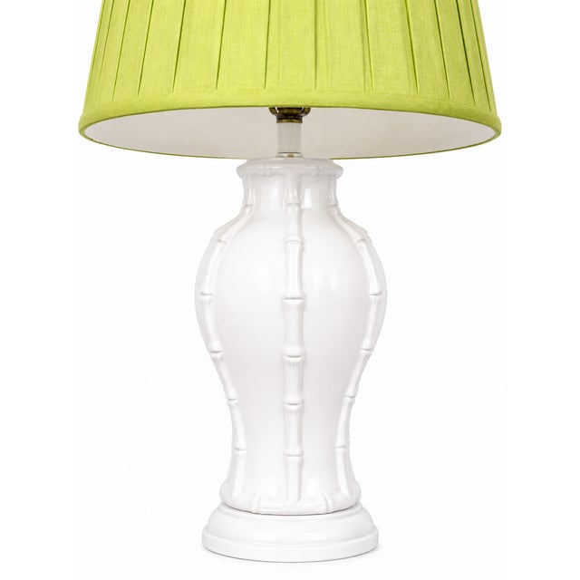 Hollywood Regency Vintage White Faux Bamboo Ceramic Table Lamp With Heath & Company Pleated Shade For Sale - Image 3 of 8