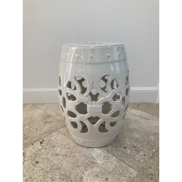 Boho Chic White Glazed Ceramic Boho Chic Garden Seat For Sale - Image 3 of 10