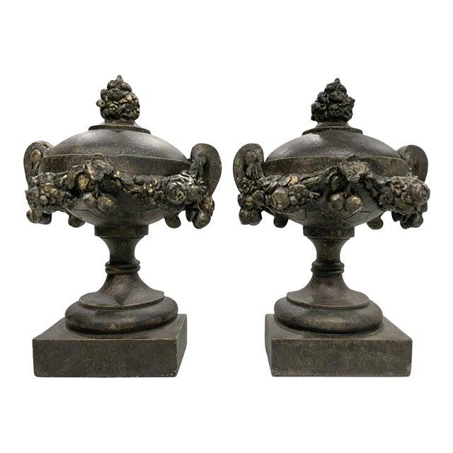 Ethan Allen Style Sculptural Urn Like Pair, Bronze Color & Heavy - Bookends, Doorstops, Mantel Pieces, Grandmillennial, Cottagecore & European Decor For Sale