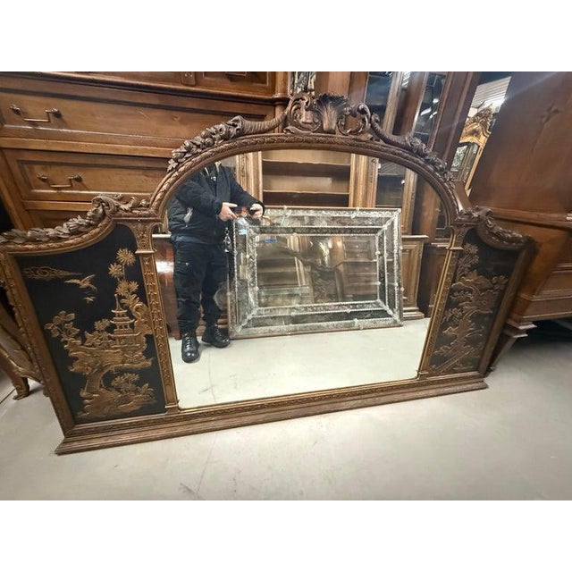Raised Chinoiserie Gilded and Natural Walnut Louis XV Mantel Buffet Mirror For Sale - Image 4 of 7