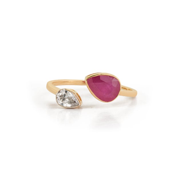 VR Jewels Pear Cut 1.45ct Ruby Diamond Open Face Modern 14k Gold Ring Size 5.5 For Sale - Image 4 of 18