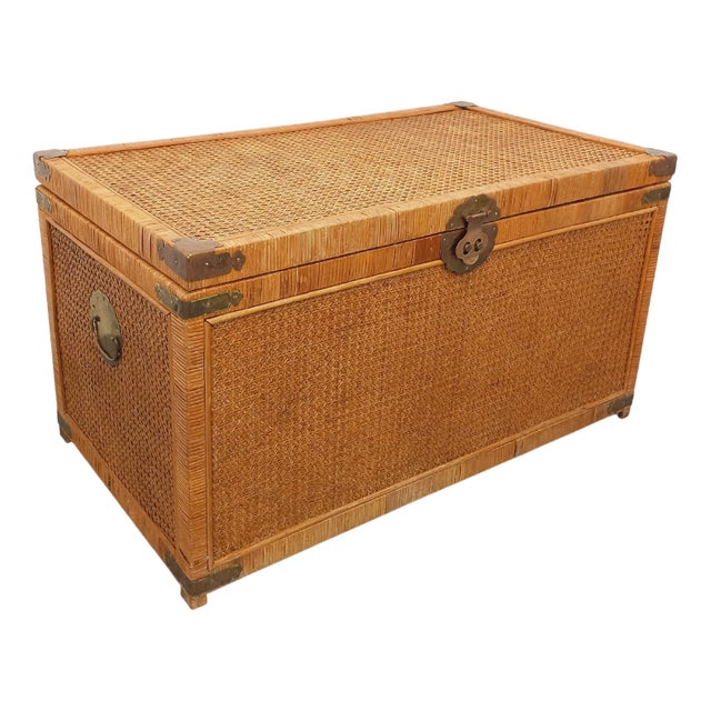 Vintage Trunk in Wood and Rattan, 1960s For Sale
