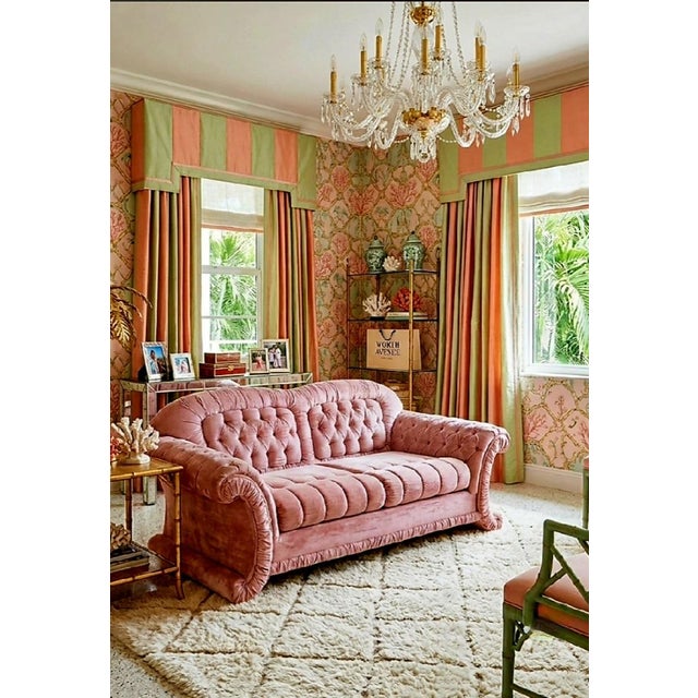 Vintage Tufted Hollywood Regency Dorothy Draper Style Velvet Dusty Rose Upholstered Rolled Arms Love Seat Sofa For Sale - Image 14 of 14