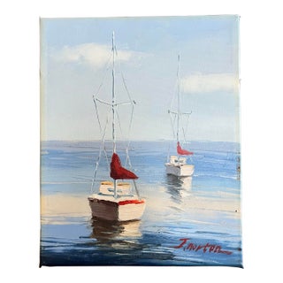 J.Norton Signed Small Oil Painting of Two Sailboats For Sale
