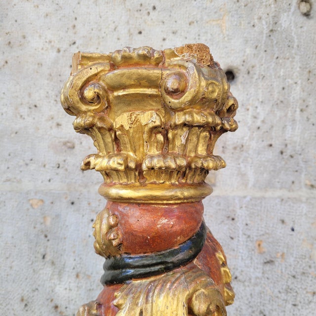 Solomonic Columns in Carved, Gilded and Polychrome Wood, 18th Century, Set of 2 For Sale - Image 12 of 18