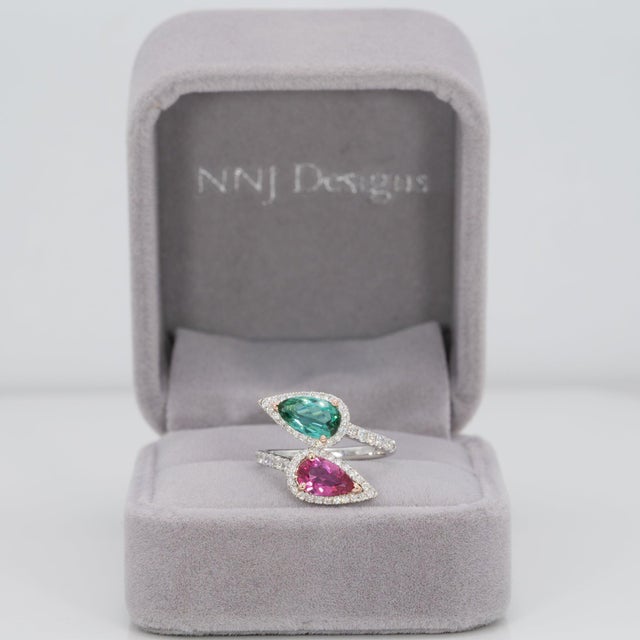 Modern Toi Et Moi Pink & Indicolite Tourmaline Ring With Diamonds: 14k Gold, Pear Cut, Size 5.25 For Sale - Image 3 of 9