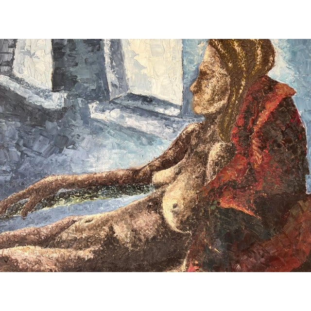 Textile 60's Vintage Grey Reclining Nude Woman Oil Painting, Framed For Sale - Image 7 of 11