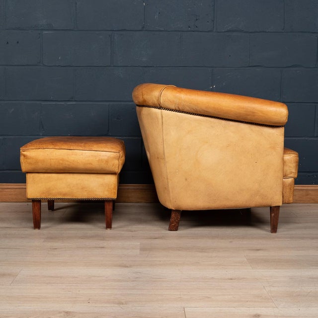 1980s Set of 20th Century Dutch Sheepskin Leather Tub Chair & Footstool For Sale - Image 5 of 13