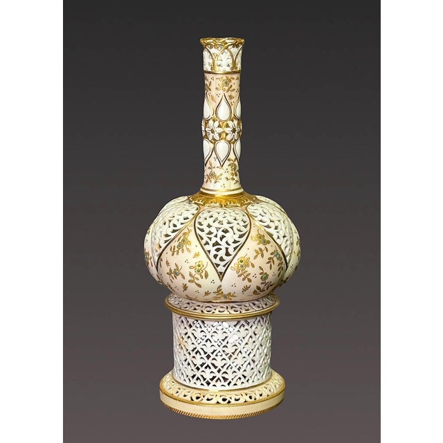 Very rare, beautiful & delicate vase of extraordinary reticulation and pierced construction with ivory matte glaze, long...