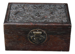 Vintage Carved Wood Jewelry Box With Dragon Motif & Brass Hardware