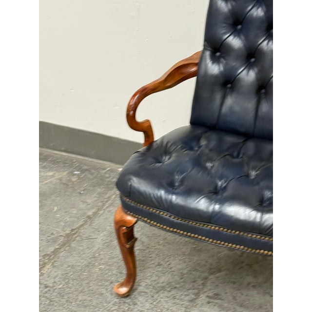 Queen Anne Style Tufted Blue Leather Armchair, Vintage For Sale - Image 9 of 14