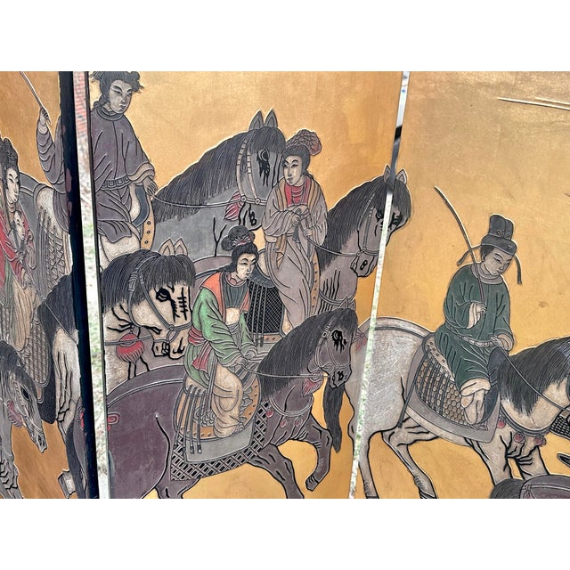 1970s Chinese Export Six Panel Coromandel Screen With Gold Leaf For Sale - Image 6 of 16