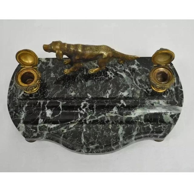 Antique French Empire Figural Bronze & Marble Hunting Dog Desk Double Inkwell For Sale - Image 4 of 11