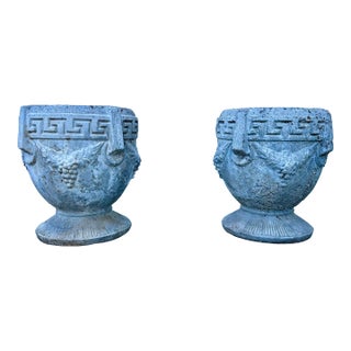 Pair of Antique Greek Key Grape Motif Garden Urns/ Planters, Circa 1920 For Sale